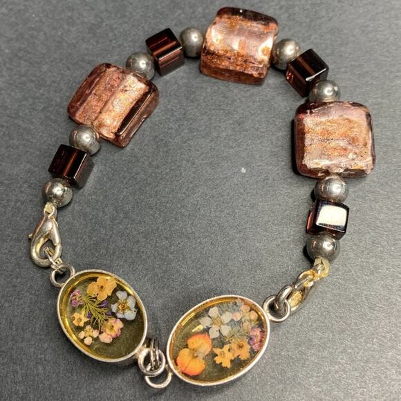 925 Sterling Silver Pressed Flower Lampwork Beaded Bracelet - Picture 3 of 5